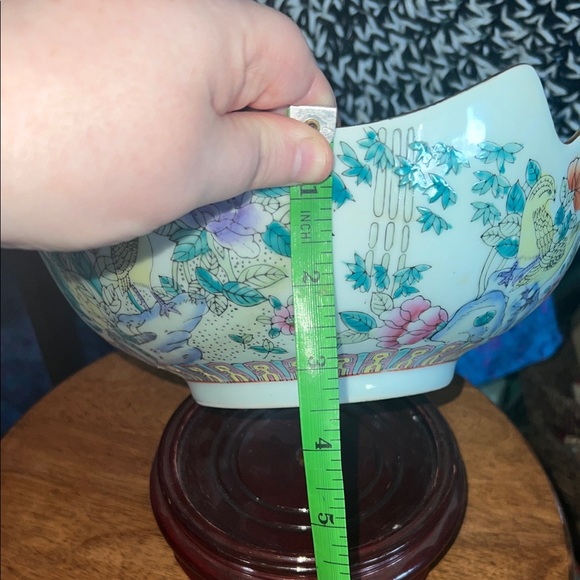 Vintage Chinese Satsuma Bowl Birds Of Paradise with Wood Stand - Picture 14 of 14